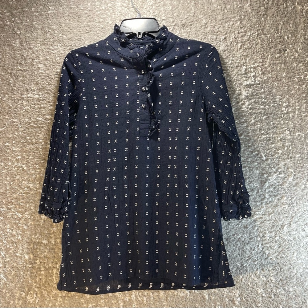 Rungolee‎ Women Small Ruffle Tunic Shirt Black White 3/4 Sleeve 1/4 Button